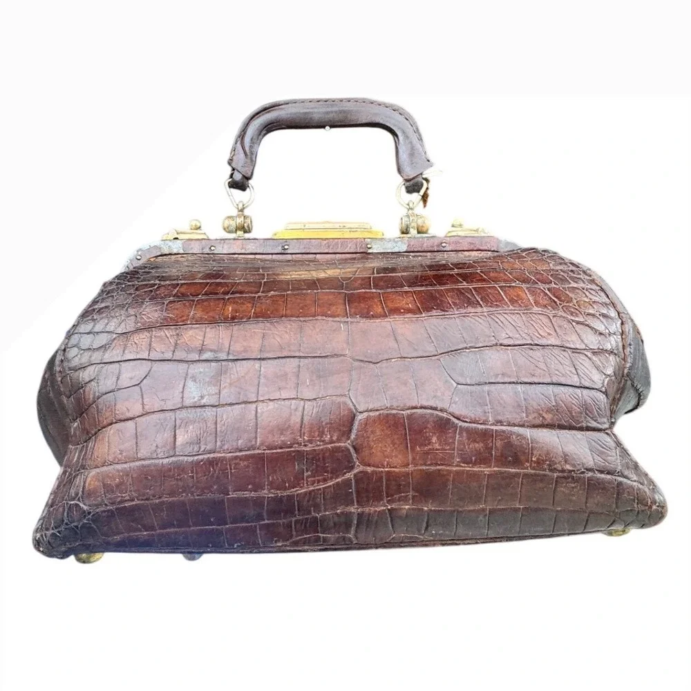 Antique Alligator Skin Doctor Bag Brown Leather Brass Hardware Restoration Prop